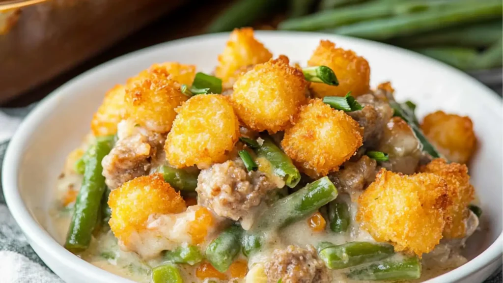 green bean casserole with tater tots on a white plate
