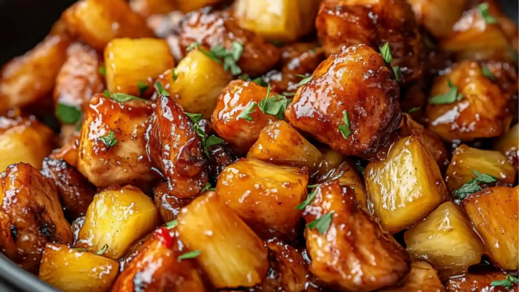 brown sugar pineapple chicken in a black bowl with text overlay that says brown sugar pineapple chicken
