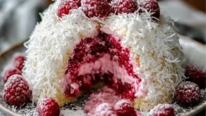 raspberry swirl coconut snowball cake recipe on a white plate with pink flowers in the background