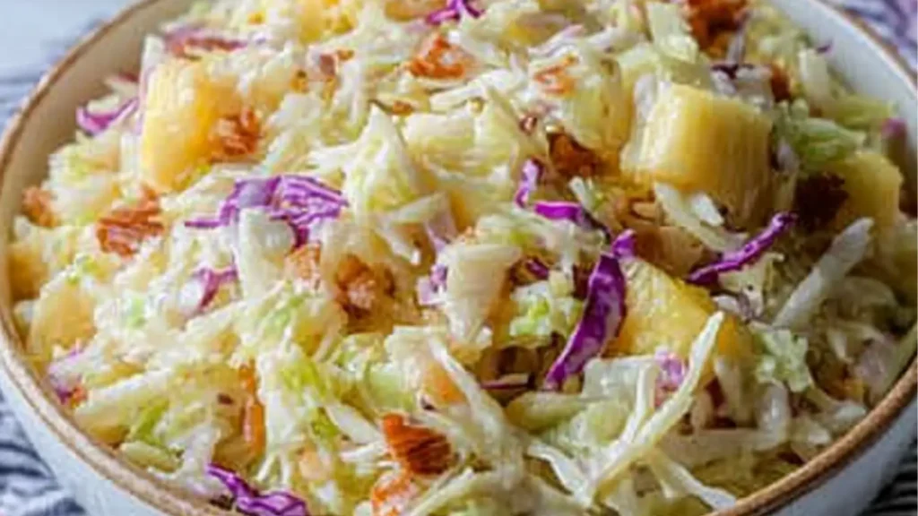 hawaiian no - mayo pineapple coleslaw salad in a yellow serving dish on an orange and white tablecloth
