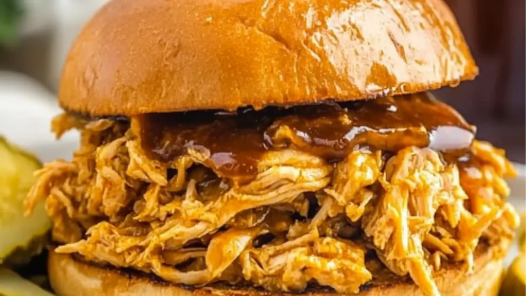 picture of pulled chicken sandwiches on buns with red cabbage and honey mustard in the middle