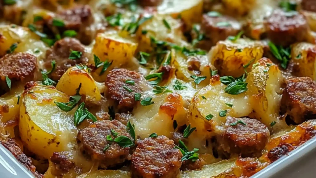 a casserole dish with potatoes, asparagus and sausage on it is ready to be eaten
