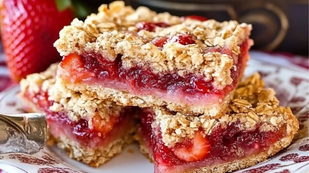 strawberry oatmeal bars with white icing on top