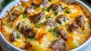 slow cooker steak and cheddar potato casserole is an easy dinner recipe