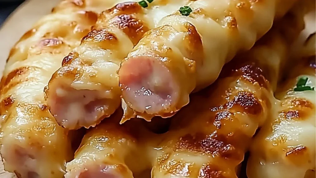 ham and cheese sticks on a white plate with the words, ham and cheese sticks