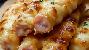 ham and cheese sticks on a white plate with the words, ham and cheese sticks