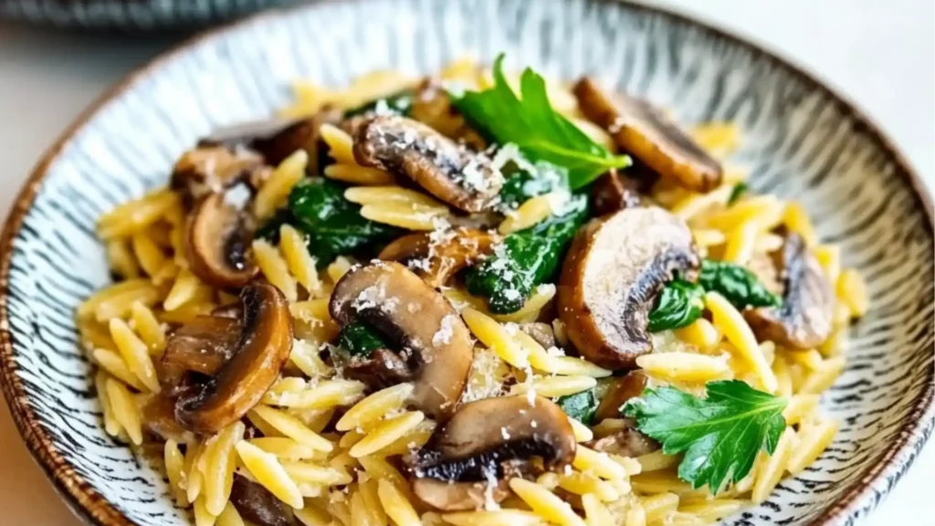 mushroom spinach orzo pasta with mushrooms and parsley on top