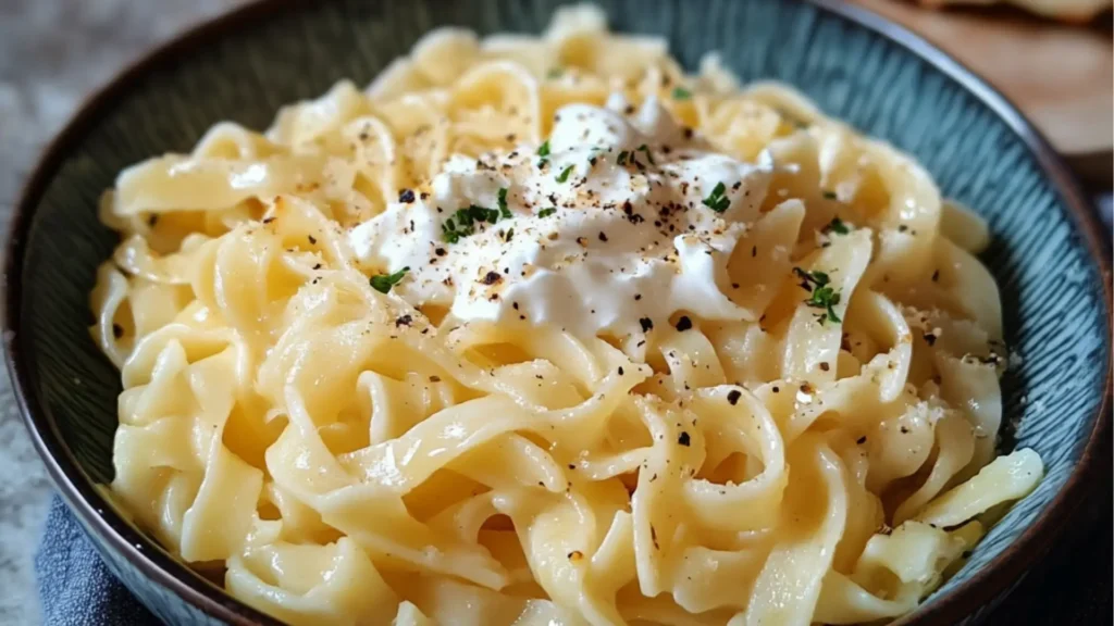 a white dish filled with pasta and topped with parsley