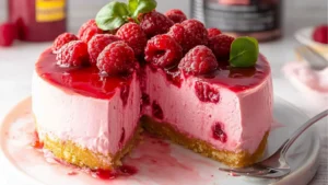 the pink velvet raspberry cheesecake is ready to be eaten