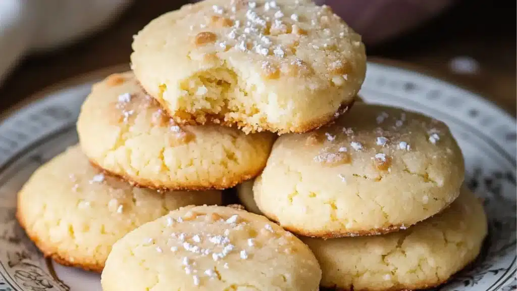 a stack of cream cheese cookies sitting on top of a white plate
