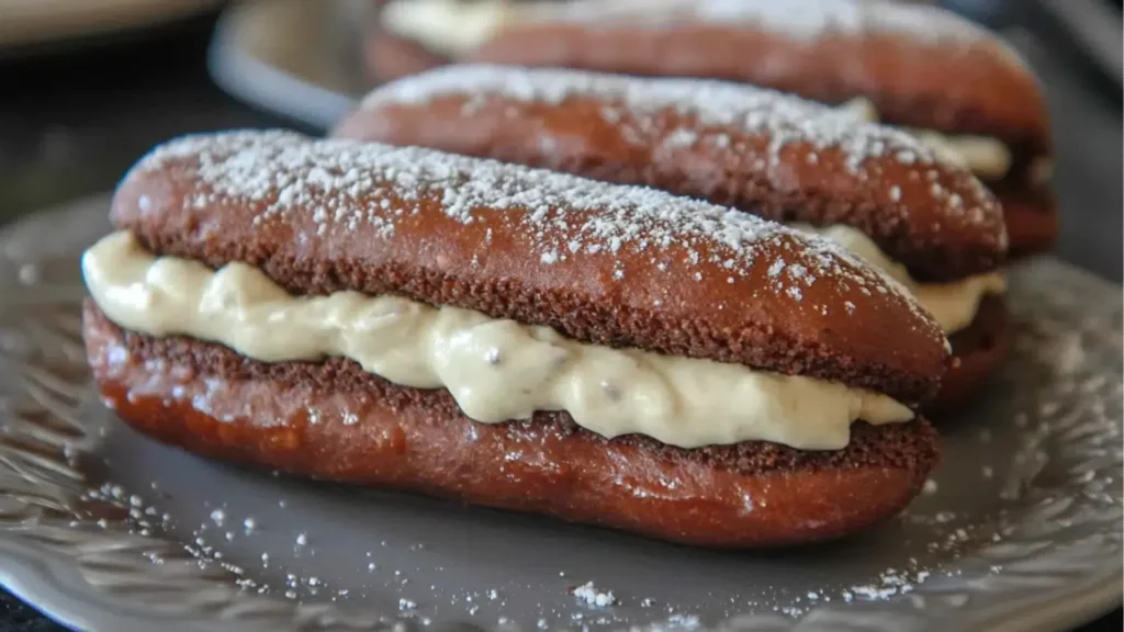 some cookies that are sitting on a cooling rack with powdered sugar and cream frosting