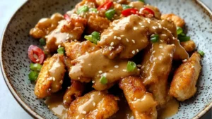 chicken with peanut sauce on top and the words, chinese peanut butter chicken above it