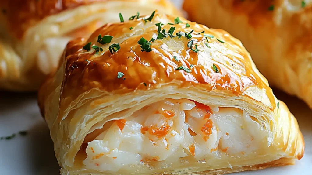 crab and cheese stuffed crescent pastry puffs on a white plate with text overlay