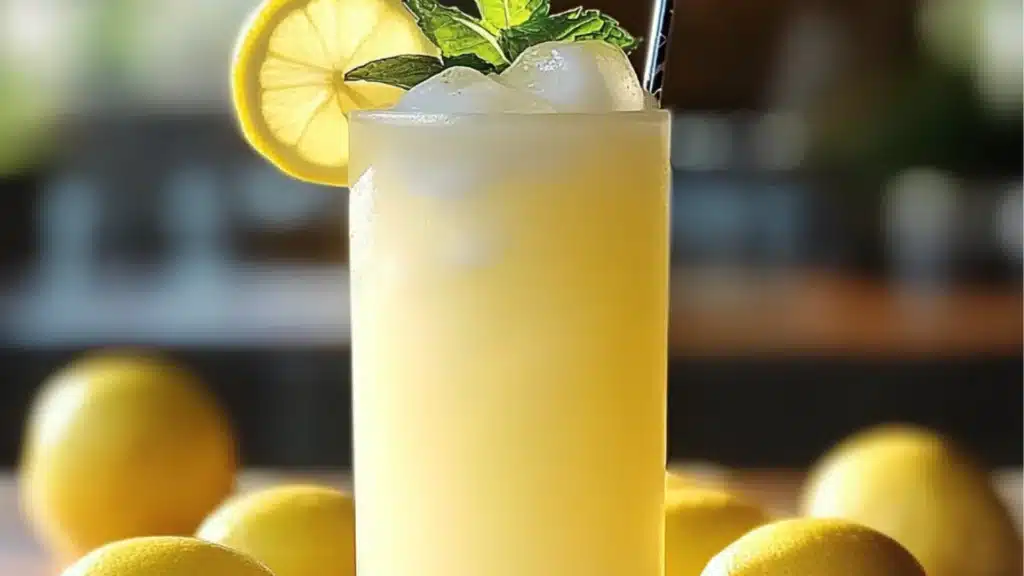 a close up of a drink in a glass with limes around it