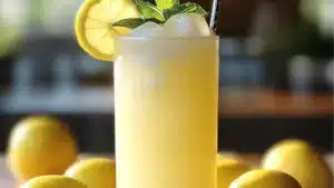 a close up of a drink in a glass with limes around it