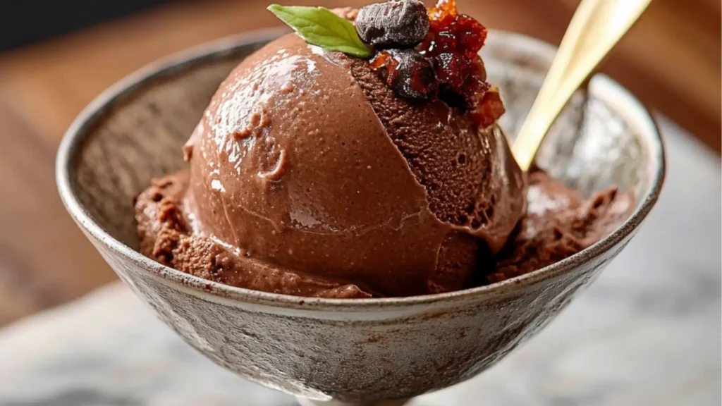 chocolate sorbet in a glass bowl with the text how to make chocolate sorbet just three ingredients