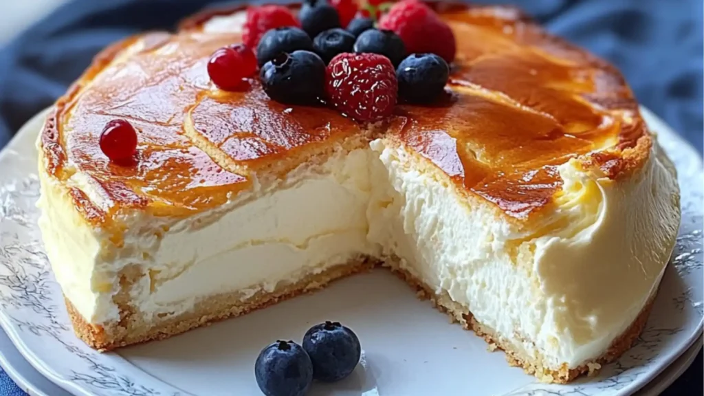 cheesecakes on plates with text overlay that reads, no flour butter or oil 3 ingredient creamy yogurt cake