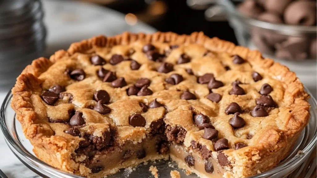 a chocolate chip pie sitting on top of a counter