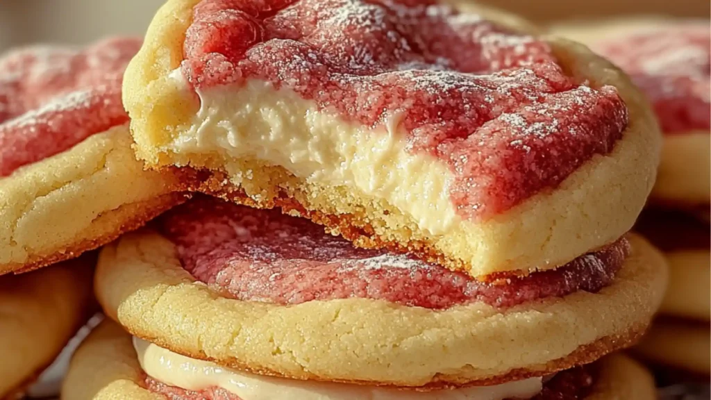 strawberry cheesecake cookies on a plate with the words, strawberry cheesecake cookies above them