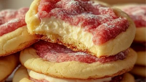 strawberry cheesecake cookies on a plate with the words, strawberry cheesecake cookies above them