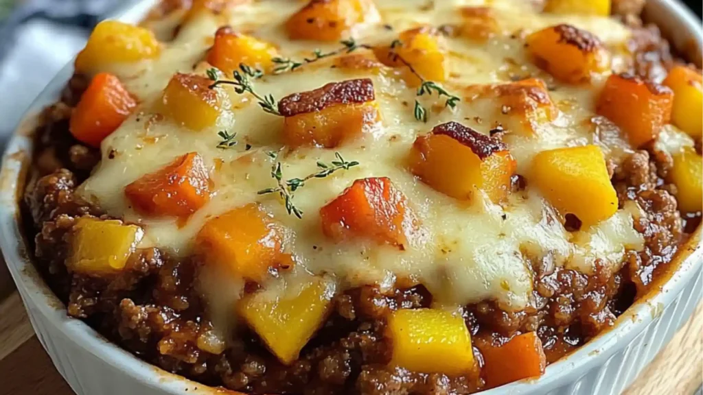 a casserole dish with meat, potatoes and carrots