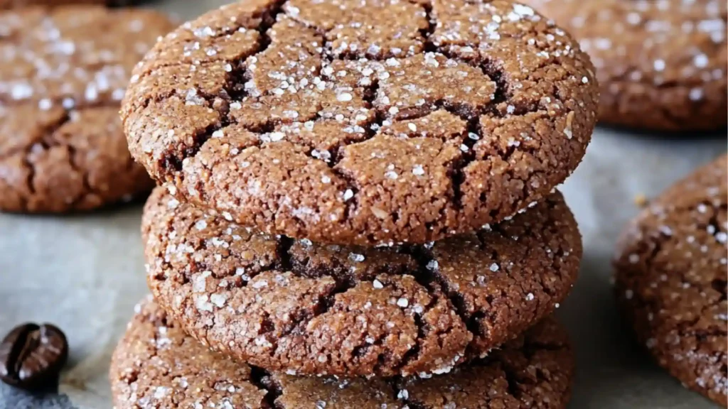 chocolate coffee cookies are stacked on top of each other with powdered sugar in the middle