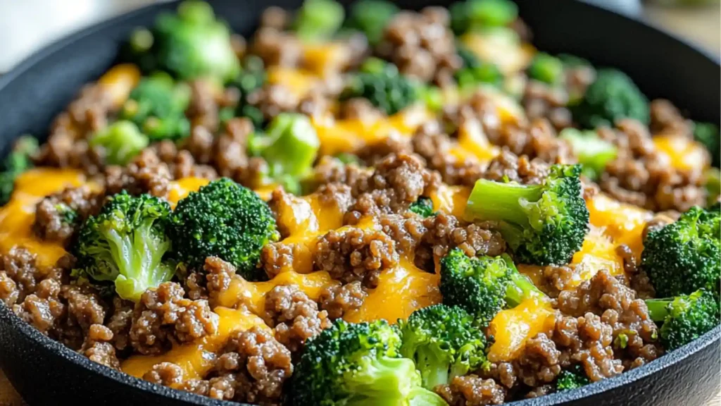 the keto hamburger and broccoli skillet is shown on a blue plate