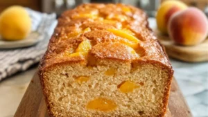 this southern peach bread is made with fresh peaches and topped with sour cream