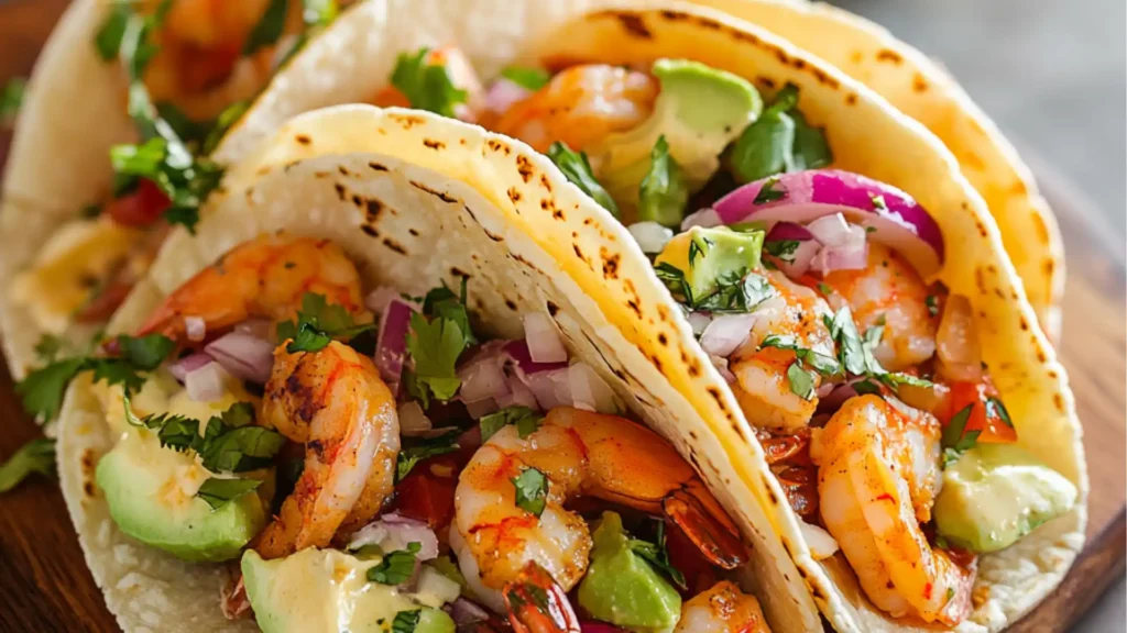 shrimp tacos with the best sauce on top and an image of avocado