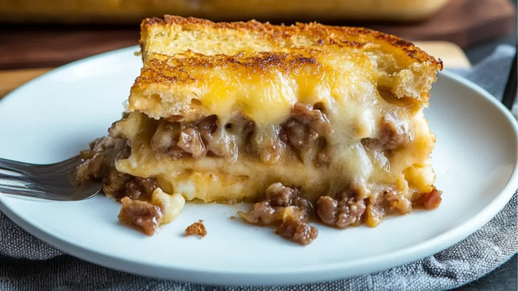 grilled cheese breakfast casserole is cut in half and served on a plate