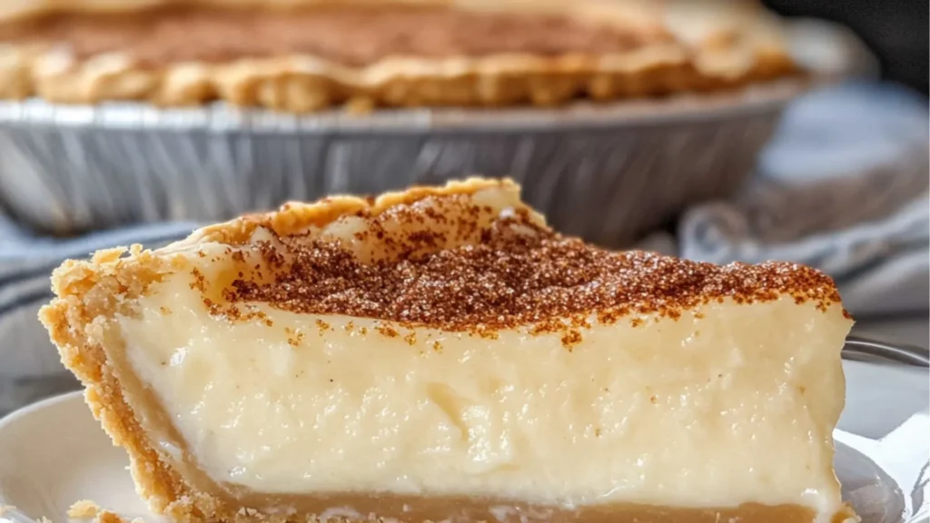 a piece of cheesecake on a white plate with a fork and cinnamon sugar cream pie in the background