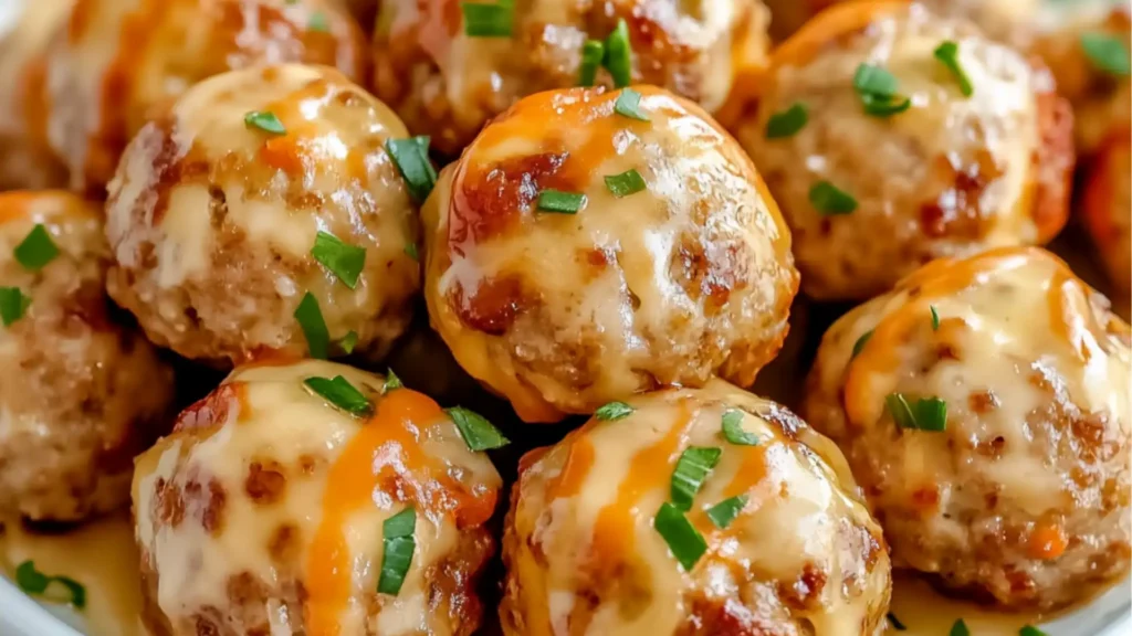 meatballs covered in melted cheese and garnished with parsley