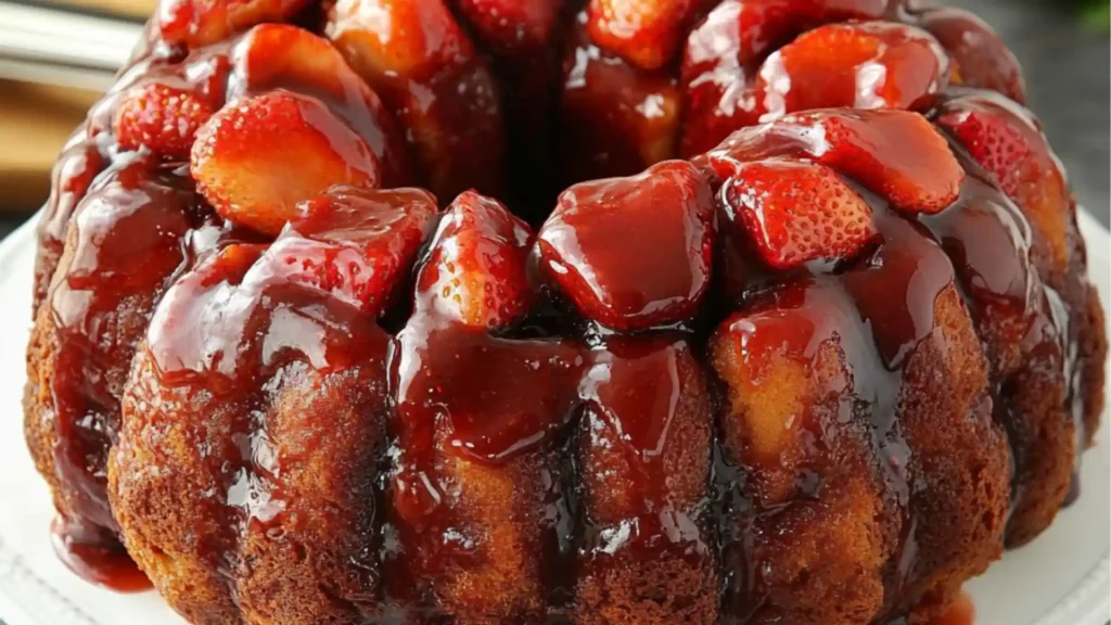 strawberry monkey bread with icing and fresh strawberries on the side, ready to be eaten