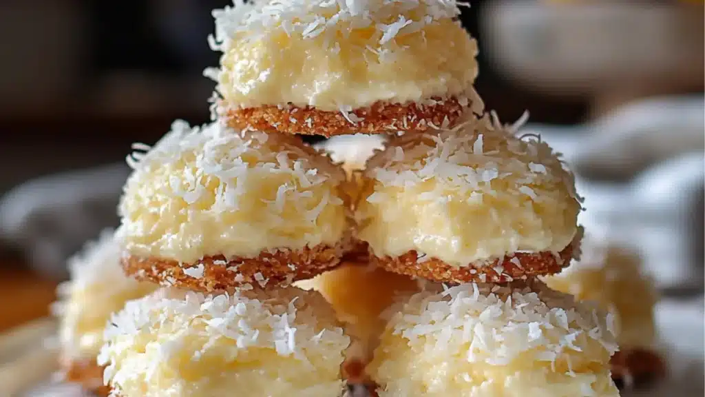 lemon coconut cheesecake cookies stacked on top of each other