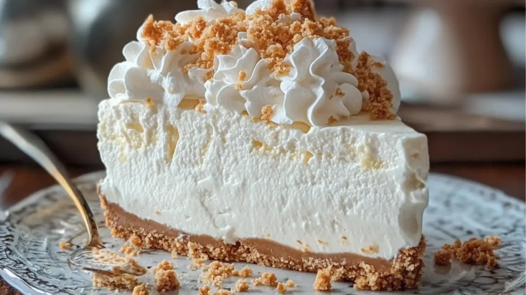 there is a large piece of cheesecake on the plate and it has white frosting