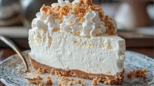 there is a large piece of cheesecake on the plate and it has white frosting