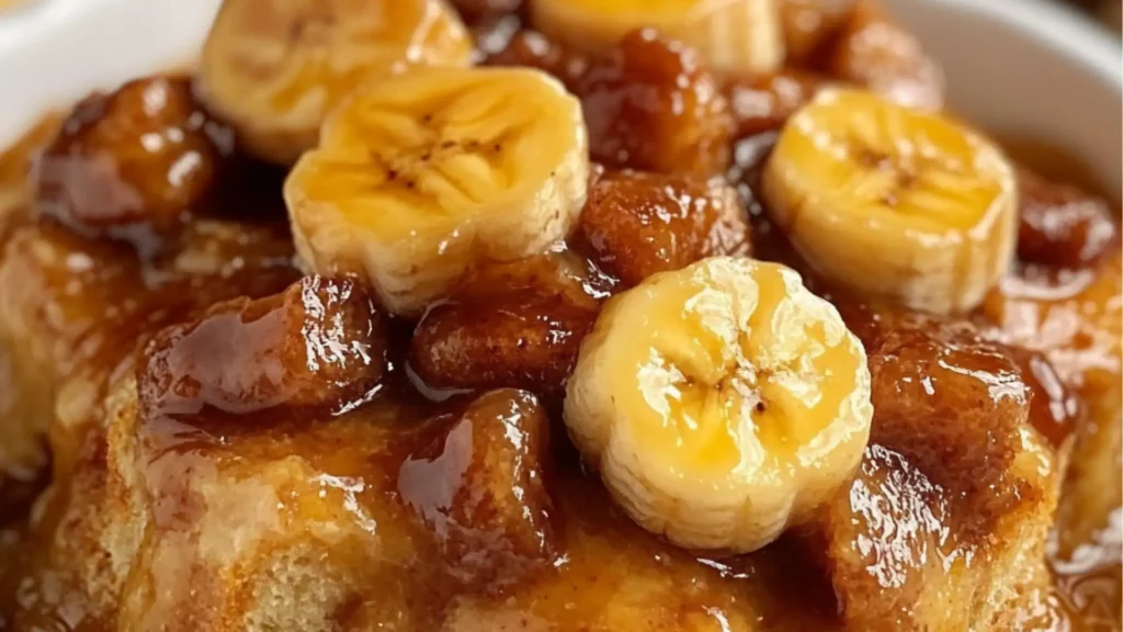 banana fosterer crisp in a white bowl with ice cream on top and the words, bananas fosterer crisp