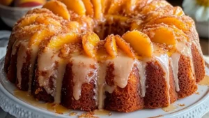 a close up of a bundt cake on a plate with the words cinnamon glazed peach cake
