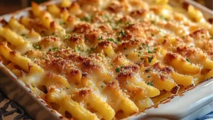 a casserole dish filled with cheesy french fries and ground beef sauce
