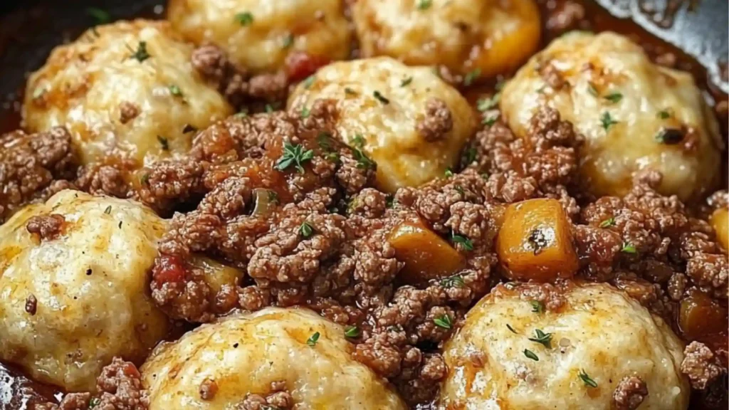 ground beef and dumplings in a bowl with text overlay that reads ground beef and dumplings