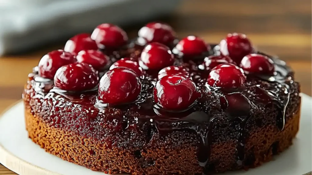 a slice of chocolate cherry upside down cake on a plate