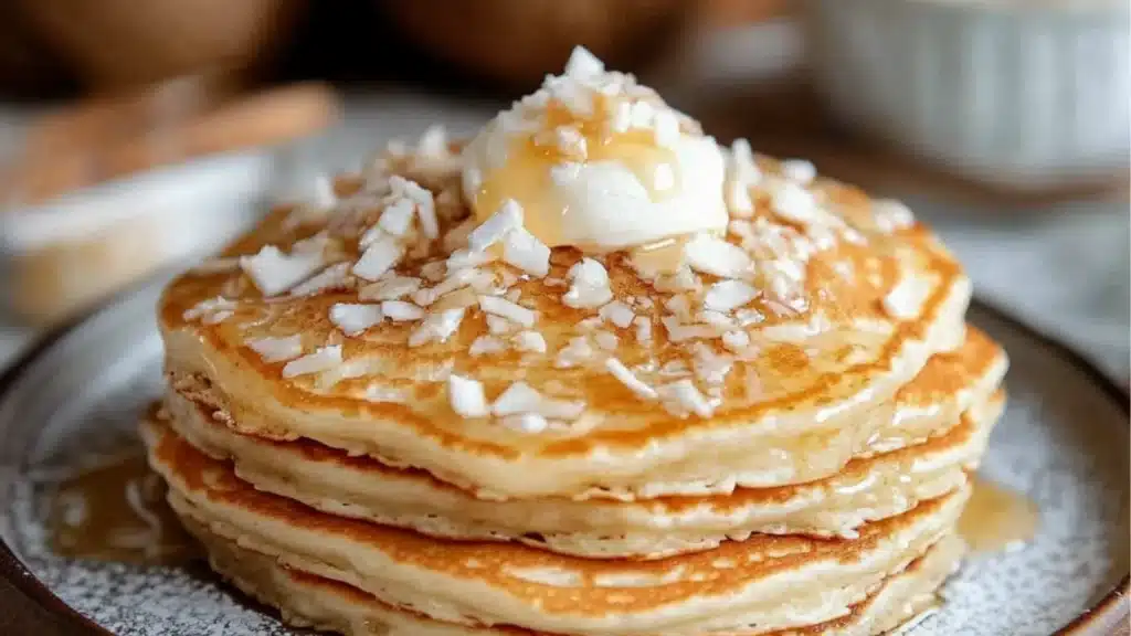 a stack of pancakes with coconut cream on top and the title overlay reads, coconut cream pancakes