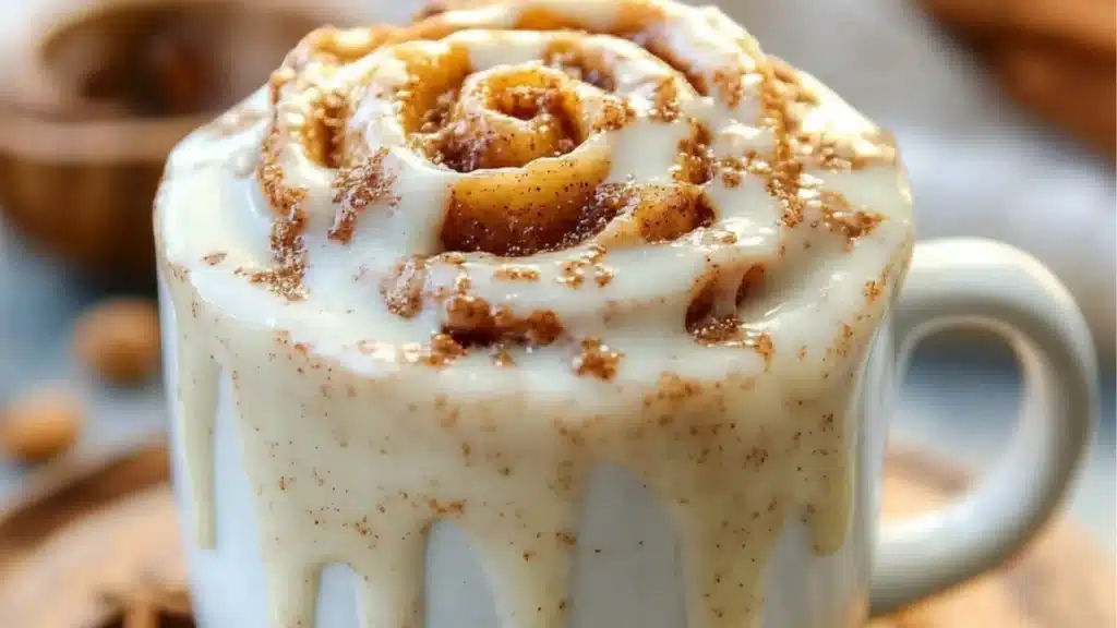 cinnamon roll in a mug with icing on top and the title overlay reads, cuee minute cinnamon roll in a mug