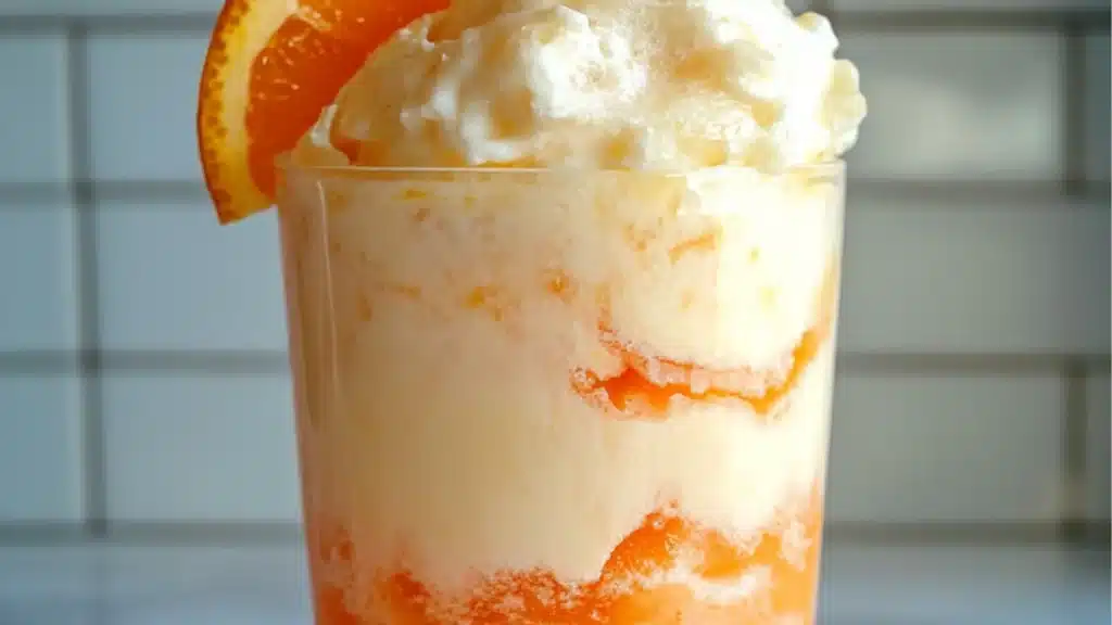 glasse filled with orange creamsice float on top of a wooden table next to sliced oranges
