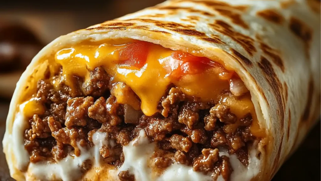taco bell beef melt burrito with text overlay that says, `