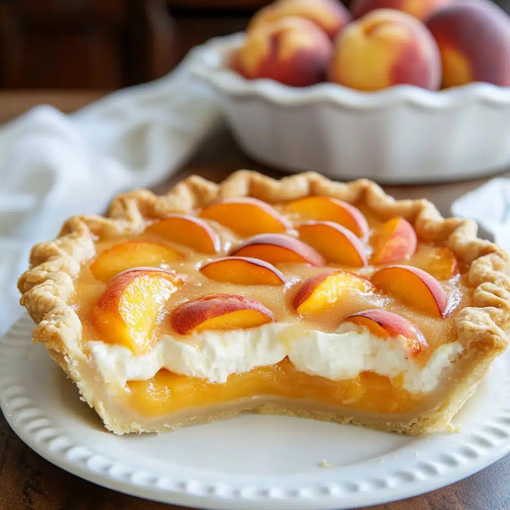 peaches and cream pie in a casserole dish with text overlay that reads peaches and cream pie