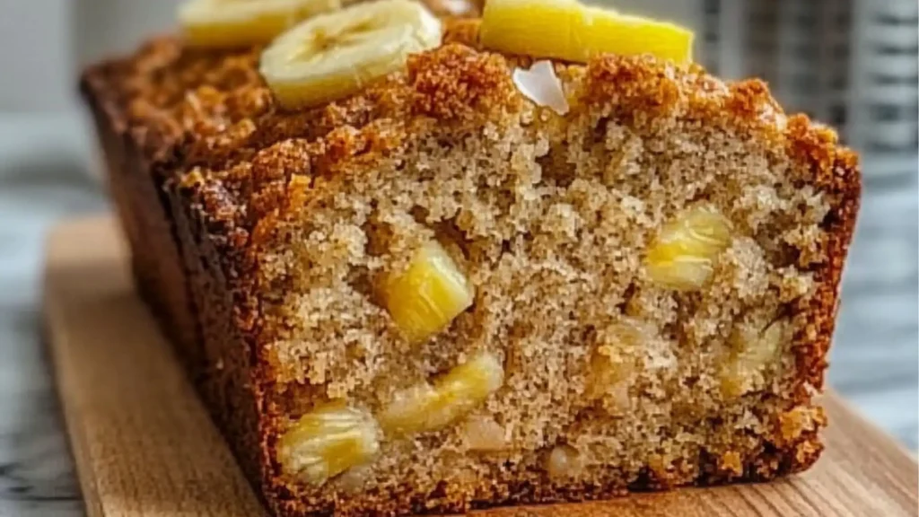 a loaf of banana bread with coconut and pineapple