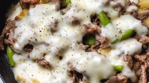 low carb keto cheesesteak skillet using ground beef in a casserole dish