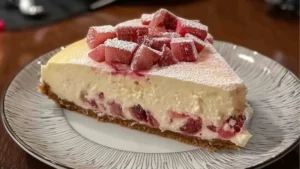 a cheesecake with strawberry topping on a plate