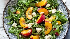 a salad with peaches and feta cheese in a bowl on top of a table